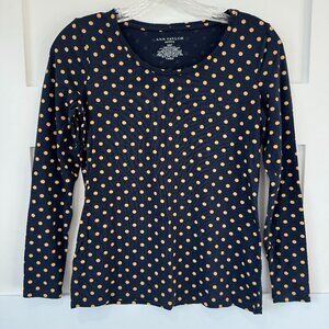 Ann Taylor Petite XS Long Sleeve Polka Dot Navy Shirt